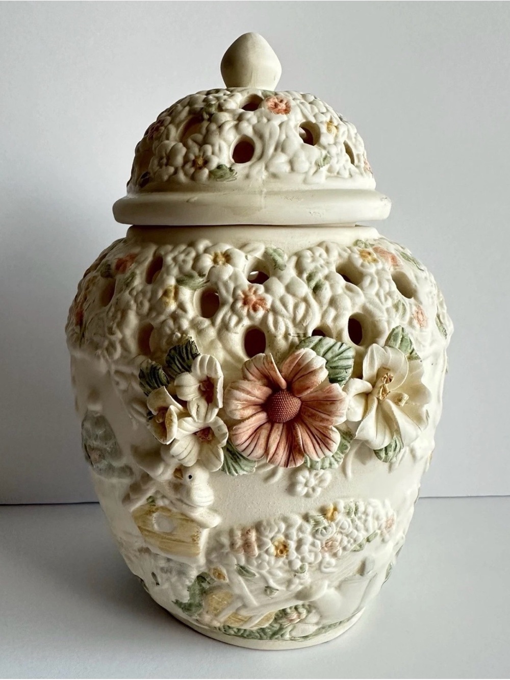 Ivory Ceramic Floral Lidded Potpourri Jar with Flowers & Birds
